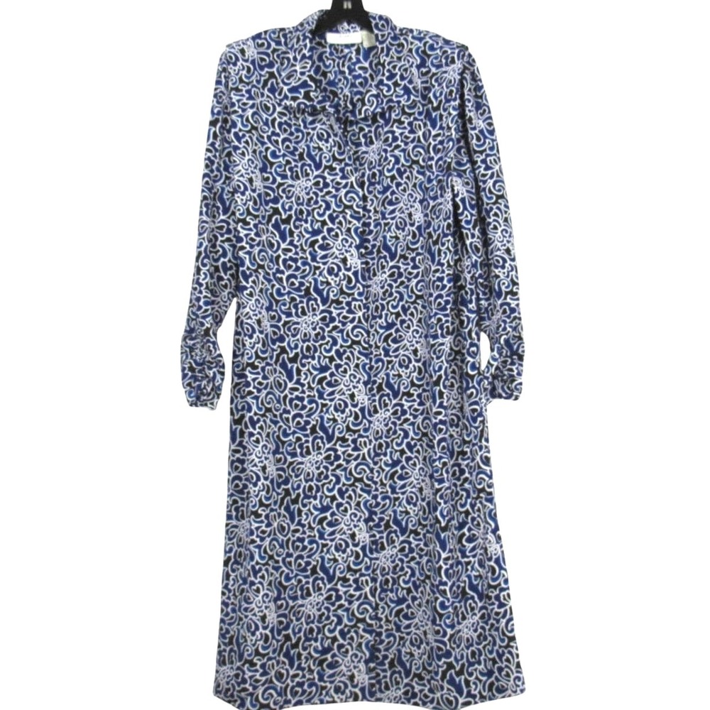 Vtg SCHRADER SPORT Blue SATIN Floral Patter Hidden Button-Down Shirt Dress 22W